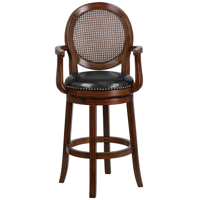 Victor 30'' High Expresso Wood Barstool with Arms, Woven Rattan Back and Black LeatherSoft Swivel Seat