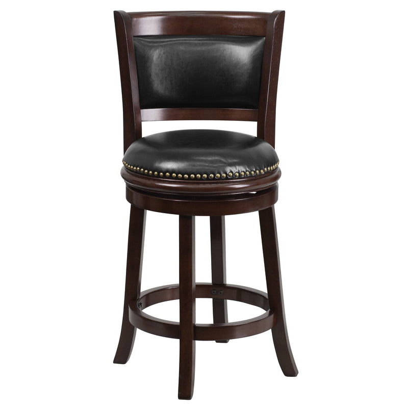 Mark 24'' High Cappuccino Wood Counter Height Stool with Panel Back and Black LeatherSoft Swivel Seat