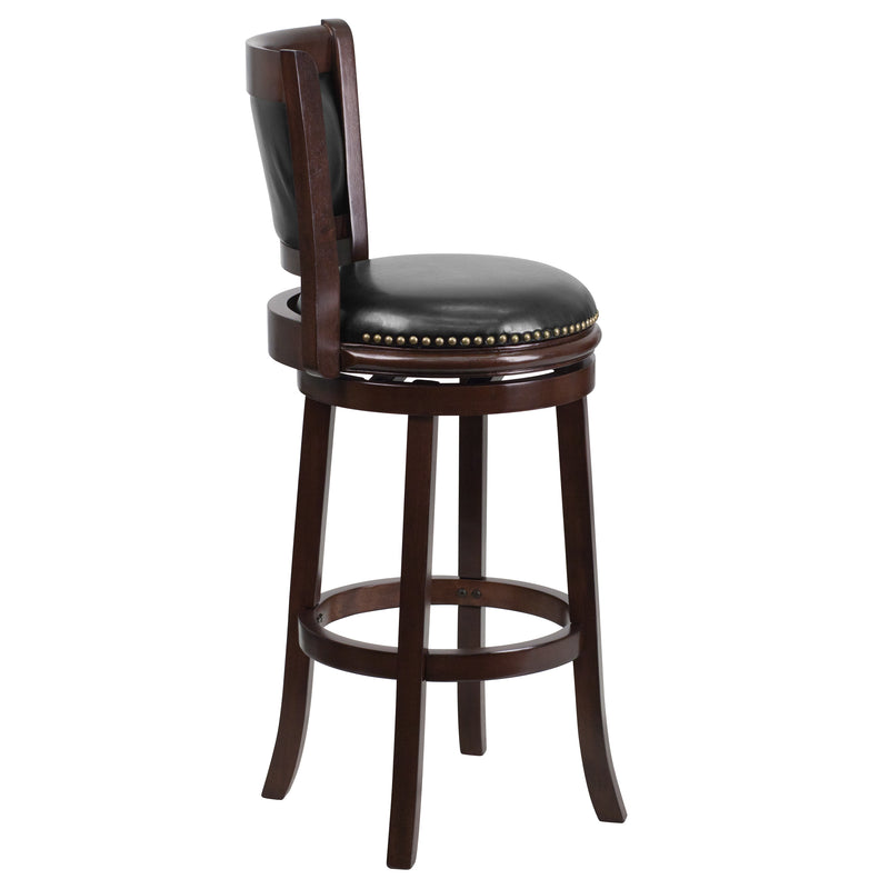 Carol 24'' High Backless Cappuccino Wood Counter Height Stool with Carved Apron and Black LeatherSoft Swivel Seat