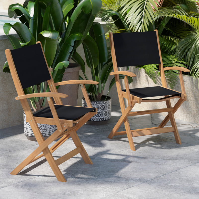 Martindale Solid Acacia Wood Patio Dining Bench for 2 with Slatted Top and Black Flared Wooden Legs in a Natural Finish