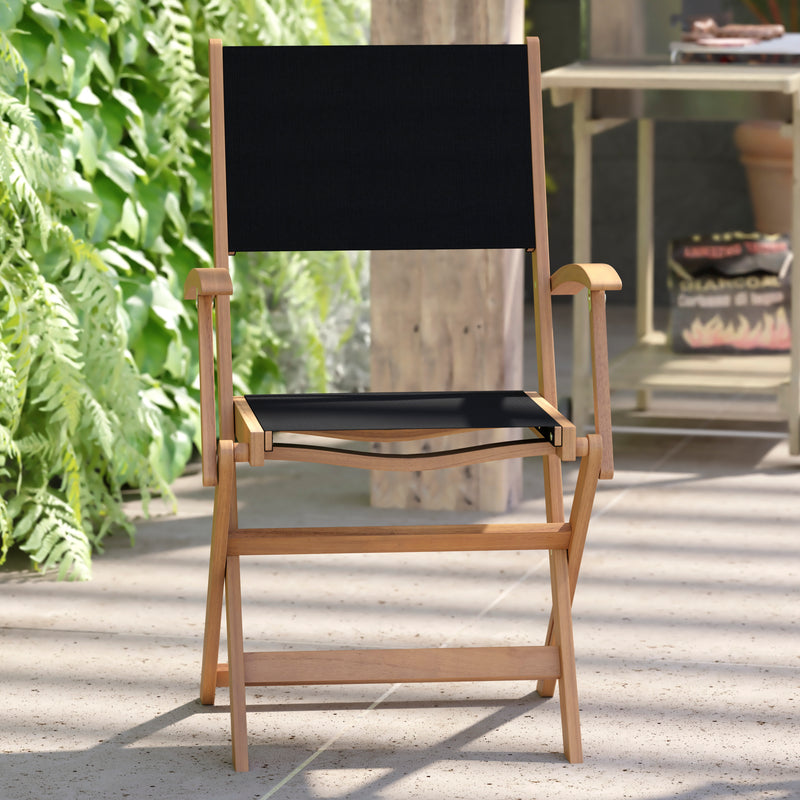 Martindale Solid Acacia Wood Patio Dining Bench for 2 with Slatted Top and Black Flared Wooden Legs in a Natural Finish