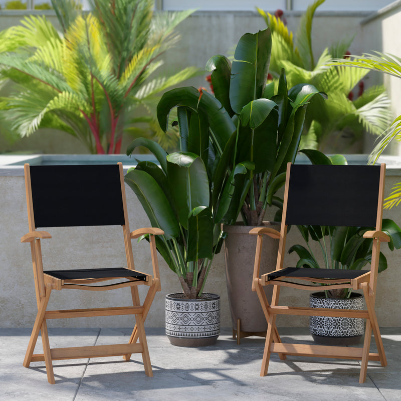 Martindale Solid Acacia Wood Patio Dining Bench for 2 with Slatted Top and Black Flared Wooden Legs in a Natural Finish