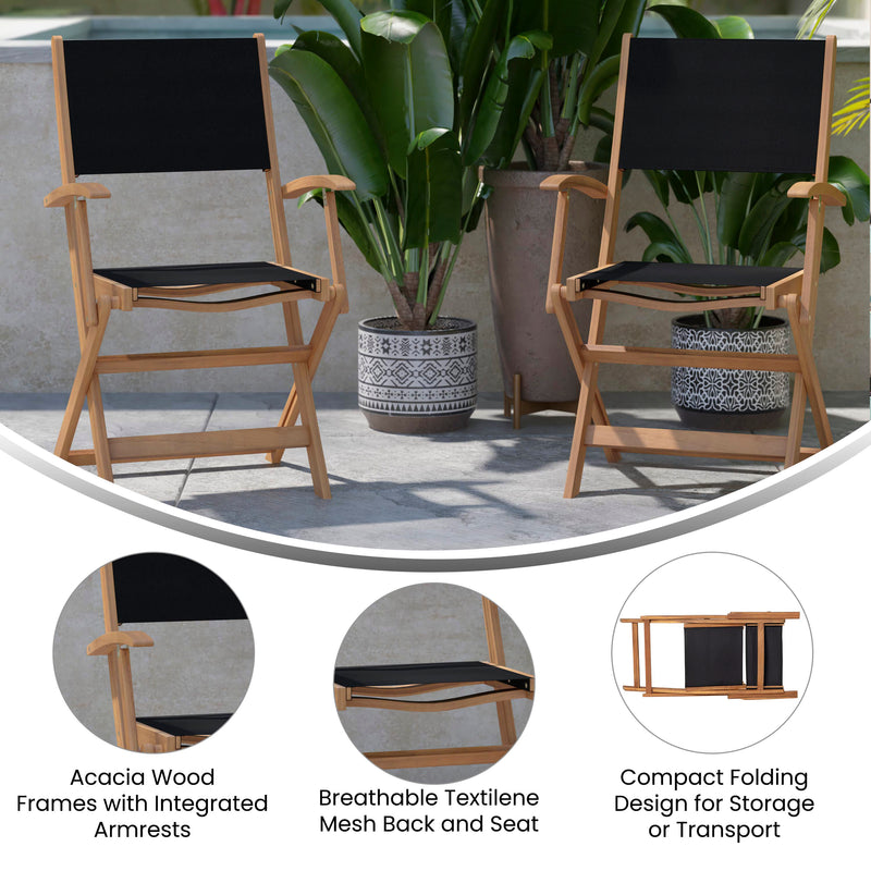 Martindale Solid Acacia Wood Patio Dining Bench for 2 with Slatted Top and Black Flared Wooden Legs in a Natural Finish