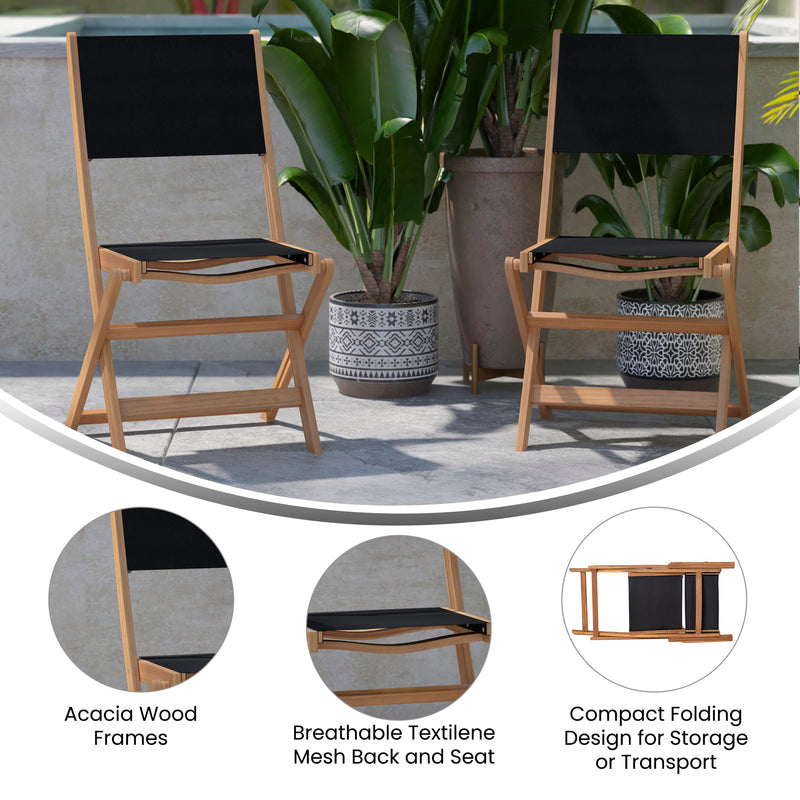 Martindale 3 Piece Folding Patio Bistro Set, Indoor/Outdoor Acacia Round Wood Table and 2 Chair Set with Slatted Design, Natural Finish