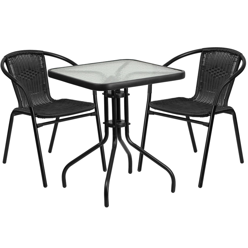 Lila 31.5'' Square Glass Metal Table with 4 Black Metal Aluminum Slat Stack Chairs