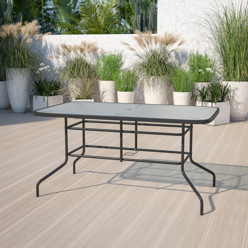Tory 31.5" x 55" Silver Rectangular Tempered Glass Metal Table with Umbrella Hole