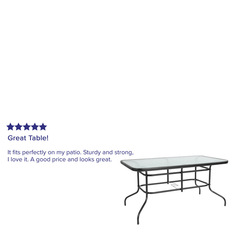 Tory 31.5" x 55" Silver Rectangular Tempered Glass Metal Table with Umbrella Hole
