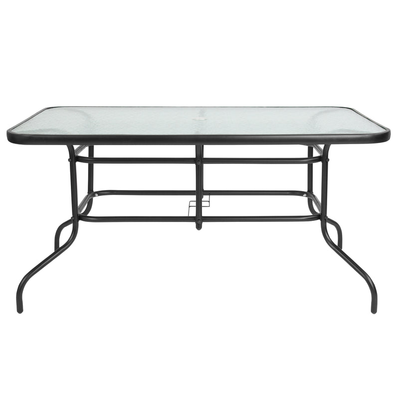 Tory 31.5" x 55" Silver Rectangular Tempered Glass Metal Table with Umbrella Hole