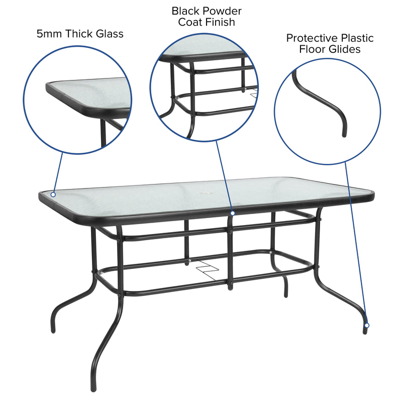 Tory 31.5" x 55" Silver Rectangular Tempered Glass Metal Table with Umbrella Hole