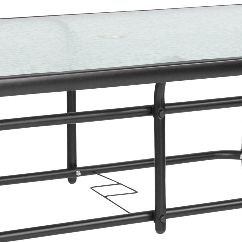 Tory 31.5" x 55" Silver Rectangular Tempered Glass Metal Table with Umbrella Hole