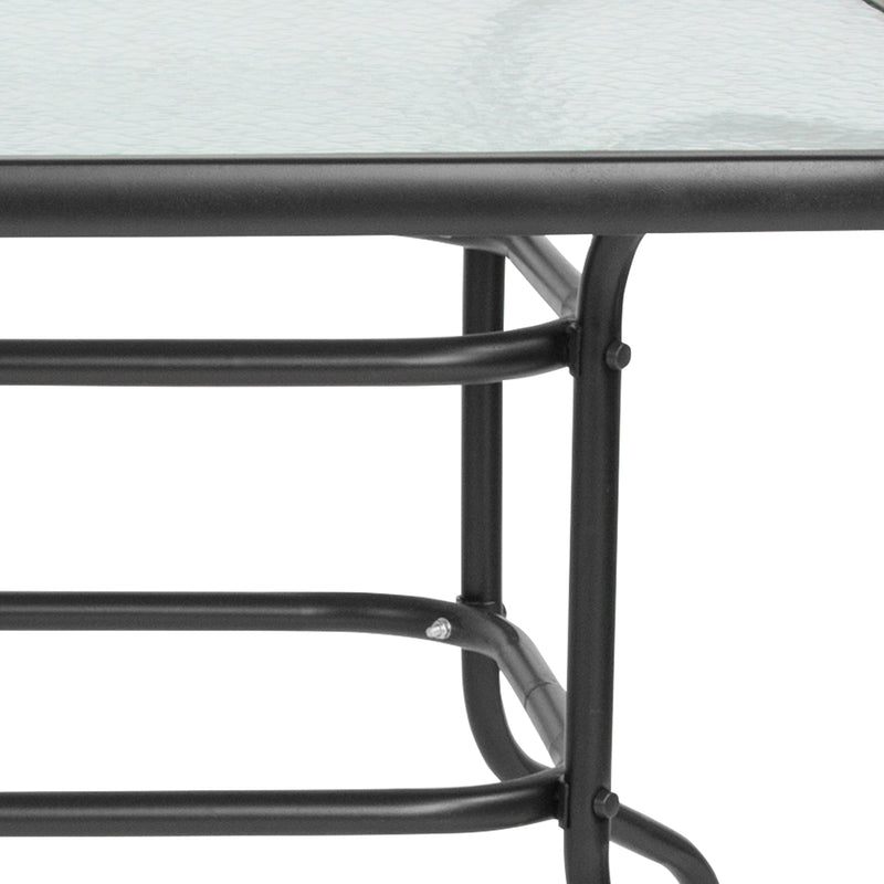 Tory 31.5" x 55" Silver Rectangular Tempered Glass Metal Table with Umbrella Hole