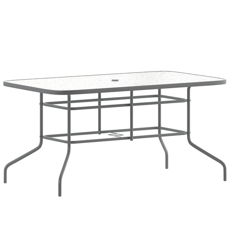 Lila 5 Piece Patio Dining Set - 55" Tempered Glass Patio Table with Umbrella Hole - 4 Black Metal Aluminum Slat Stack Chairs