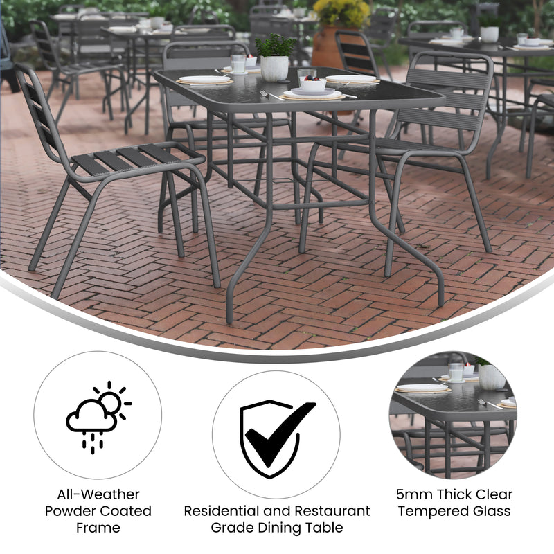 Lila 5 Piece Patio Dining Set - 55" Tempered Glass Patio Table with Umbrella Hole - 4 Black Metal Aluminum Slat Stack Chairs