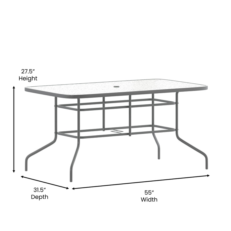 Lila 5 Piece Patio Dining Set - 55" Tempered Glass Patio Table with Umbrella Hole - 4 Black Metal Aluminum Slat Stack Chairs