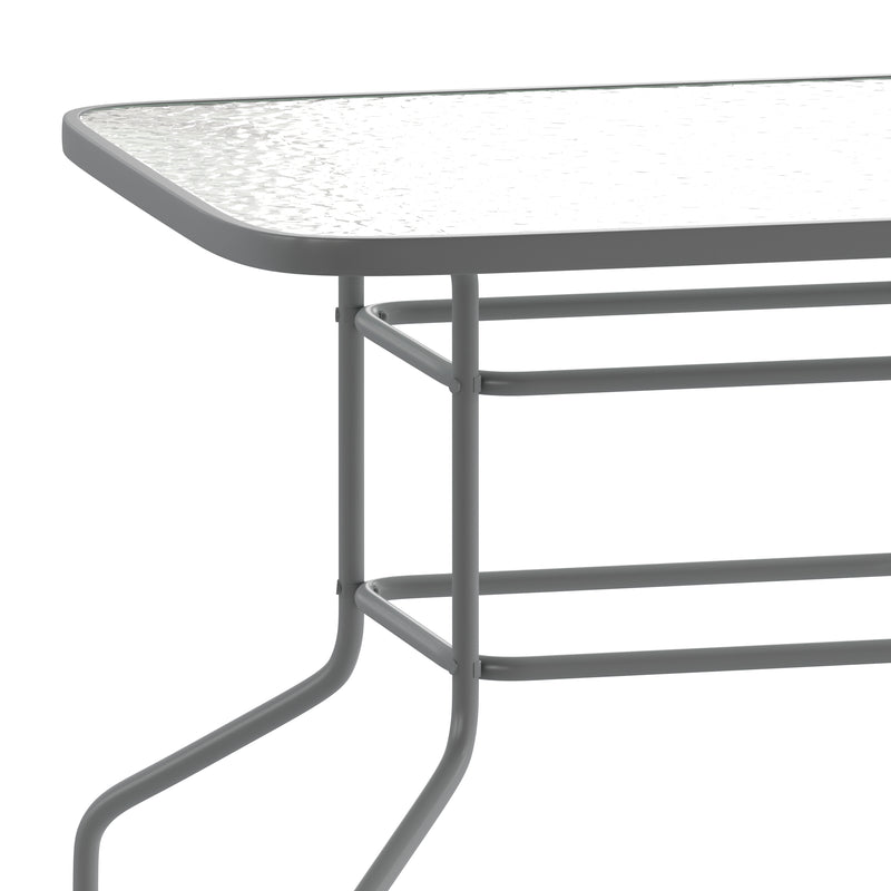 Lila 5 Piece Patio Dining Set - 55" Tempered Glass Patio Table with Umbrella Hole - 4 Black Metal Aluminum Slat Stack Chairs