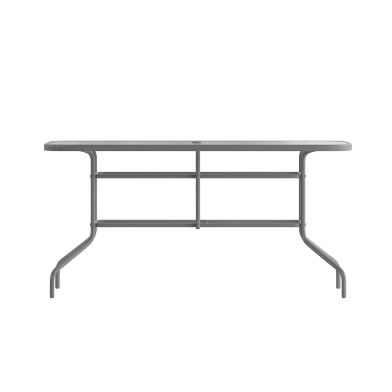 Lila 5 Piece Patio Dining Set - 55" Tempered Glass Patio Table with Umbrella Hole - 4 Black Metal Aluminum Slat Stack Chairs