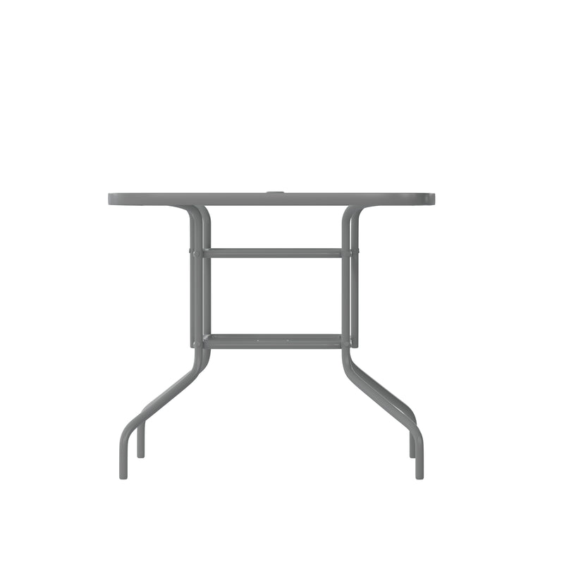 Lila 5 Piece Patio Dining Set - 55" Tempered Glass Patio Table with Umbrella Hole - 4 Black Metal Aluminum Slat Stack Chairs