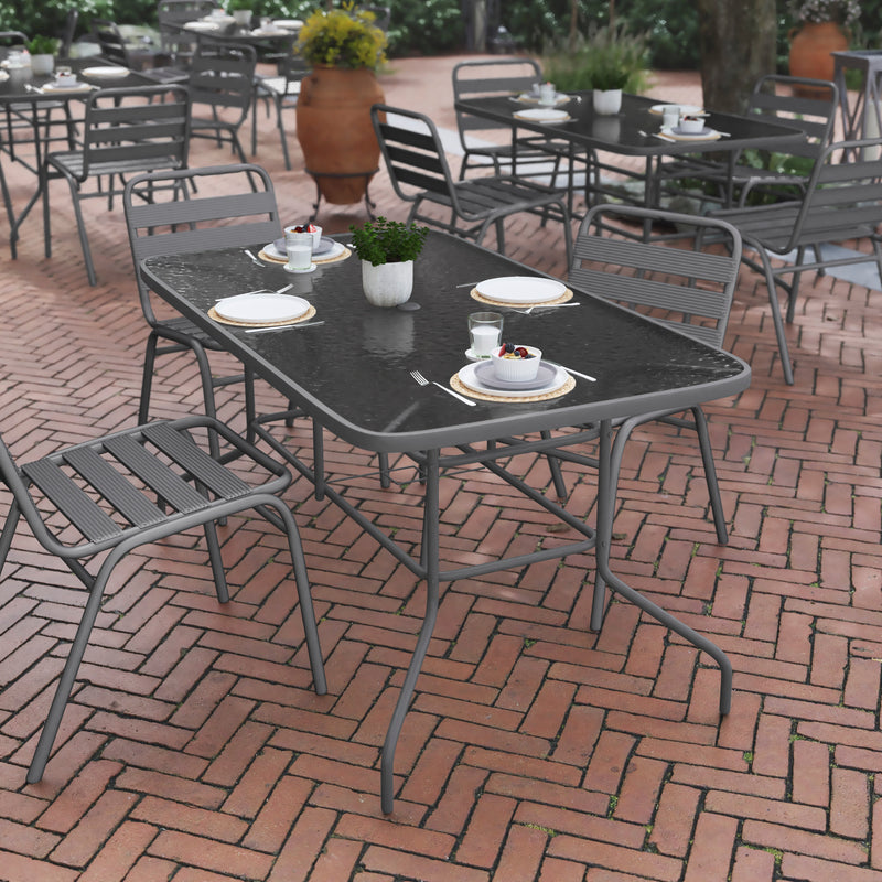 Lila 5 Piece Patio Dining Set - 55" Tempered Glass Patio Table with Umbrella Hole - 4 Black Metal Aluminum Slat Stack Chairs