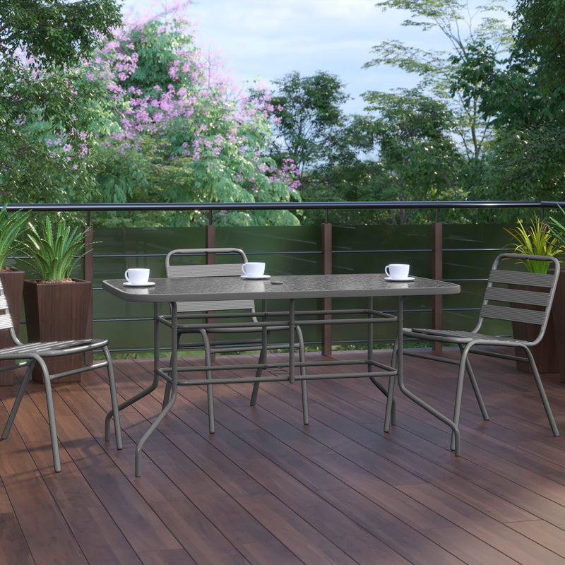 Lila 5 Piece Patio Dining Set - 55" Tempered Glass Patio Table with Umbrella Hole - 4 Black Metal Aluminum Slat Stack Chairs