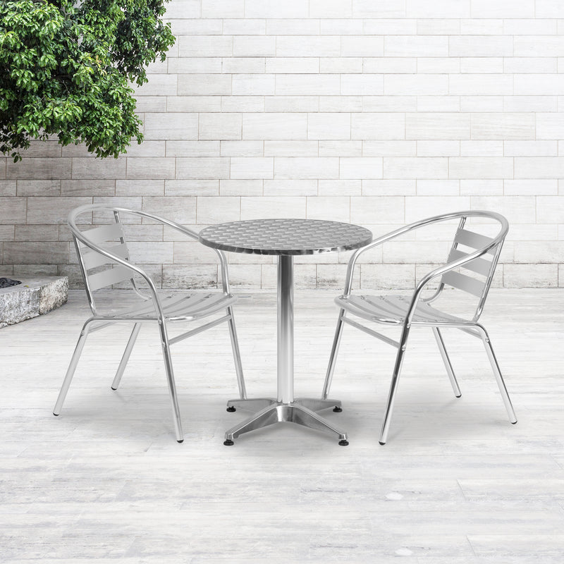 Lila 23.5'' Round Aluminum Indoor-Outdoor Table Set with 2 Slat Back Chairs