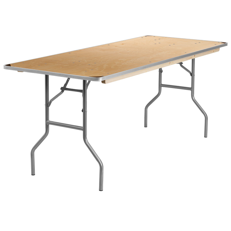 Fielder 8-Foot Rectangular HEAVY DUTY Birchwood Folding Banquet Table with METAL Edges and Protective Corner Guards