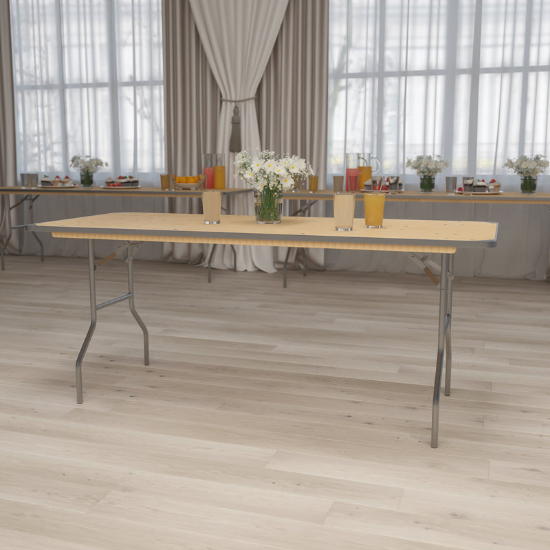 Fielder 8-Foot Rectangular HEAVY DUTY Birchwood Folding Banquet Table with METAL Edges and Protective Corner Guards