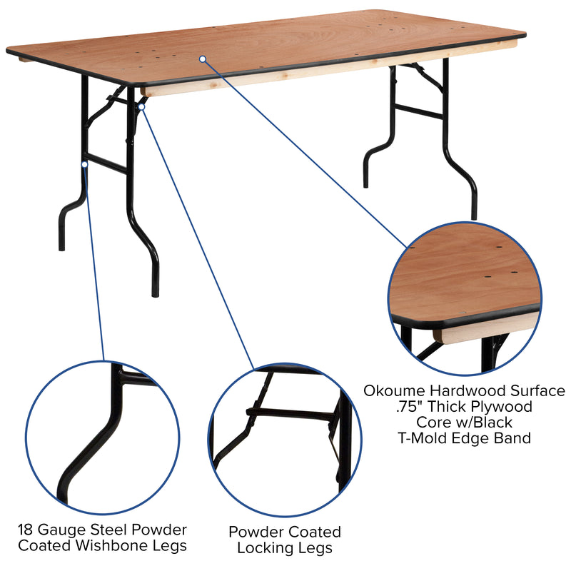 Fielder 8-Foot Rectangular Wood Folding Banquet Table with Clear Coated Finished Top