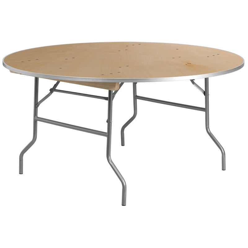 Fielder 5.5-Foot Round HEAVY DUTY Birchwood Folding Banquet Table with METAL Edges