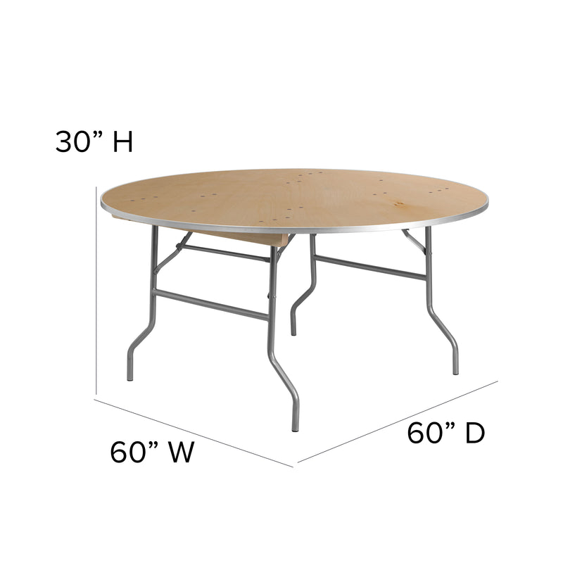 Fielder 5.5-Foot Round HEAVY DUTY Birchwood Folding Banquet Table with METAL Edges