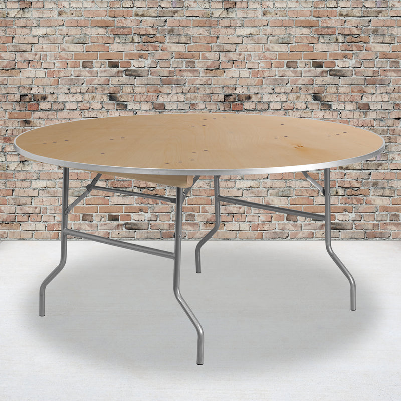 Fielder 5.5-Foot Round HEAVY DUTY Birchwood Folding Banquet Table with METAL Edges