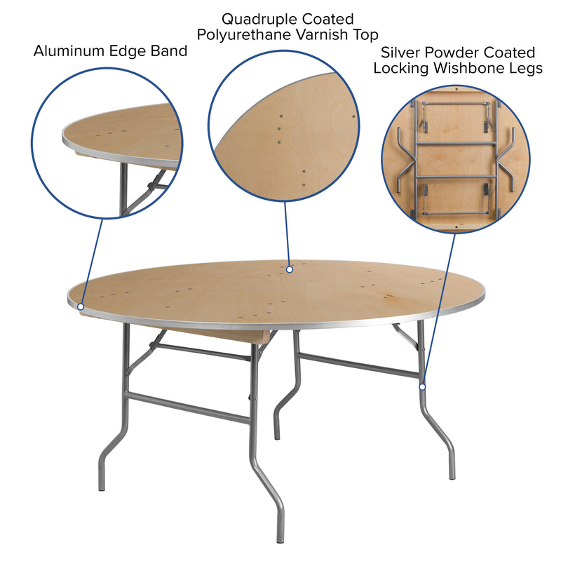 Fielder 5.5-Foot Round HEAVY DUTY Birchwood Folding Banquet Table with METAL Edges