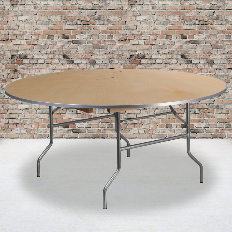 Fielder 6-Foot Round HEAVY DUTY Birchwood Folding Banquet Table with METAL Edges