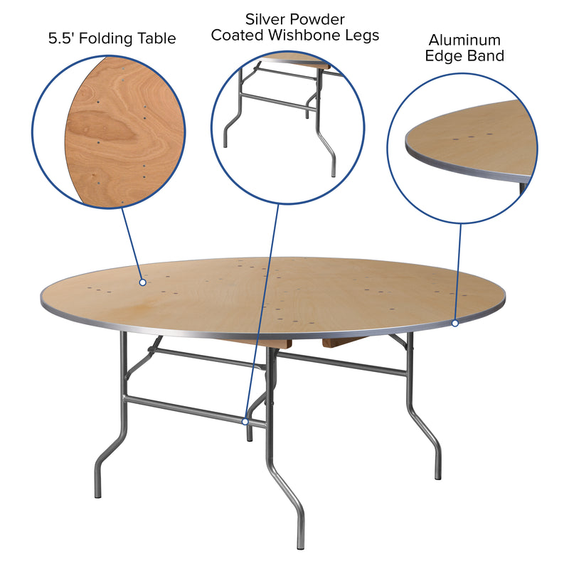 Fielder 6-Foot Round HEAVY DUTY Birchwood Folding Banquet Table with METAL Edges