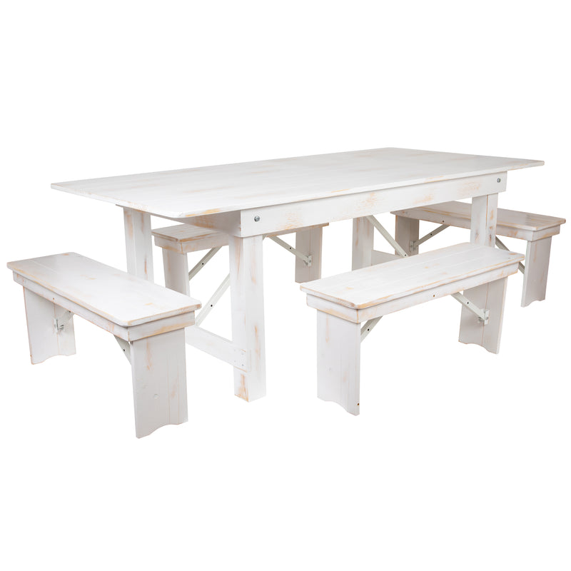 HERCULES Series 7' x 40'' Antique Rustic Folding Farm Table Set with 8 Cross Back Chairs and Cushions