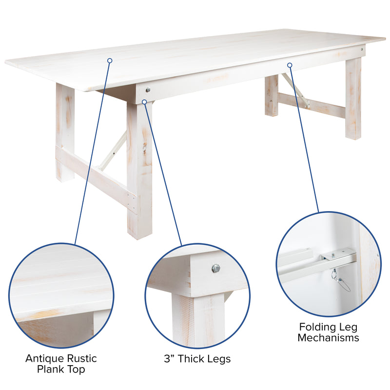 HERCULES Series 7' x 40'' Antique Rustic Folding Farm Table Set with 8 Cross Back Chairs and Cushions