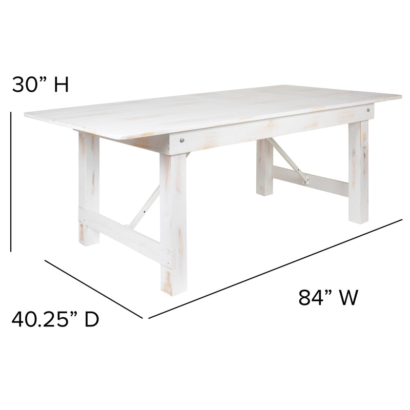 HERCULES Series 7' x 40'' Antique Rustic Folding Farm Table Set with 8 Cross Back Chairs and Cushions
