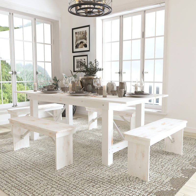 HERCULES Series 7' x 40'' Antique Rustic Folding Farm Table Set with 8 Cross Back Chairs and Cushions