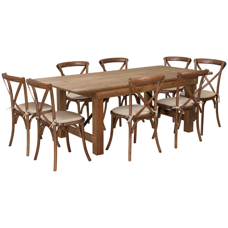 HERCULES Series 8' x 40'' Antique Rustic Folding Farm Table Set with 6 Cross Back Chairs and Cushions