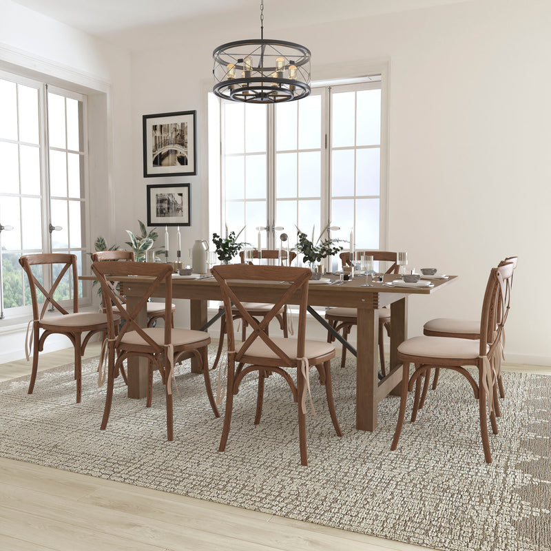 HERCULES Series 8' x 40'' Antique Rustic Folding Farm Table Set with 6 Cross Back Chairs and Cushions