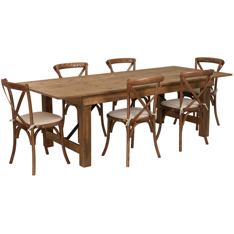 HERCULES Series 8' x 40'' Antique Rustic Folding Farm Table Set with 8 Cross Back Chairs and Cushions