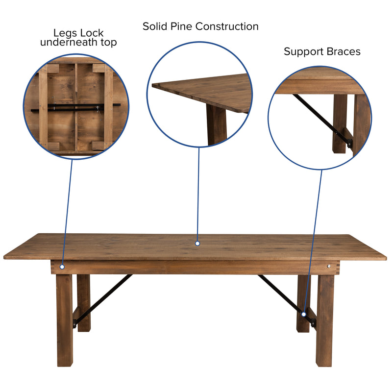 HERCULES Series 8' x 40'' Antique Rustic Folding Farm Table Set with 8 Cross Back Chairs and Cushions
