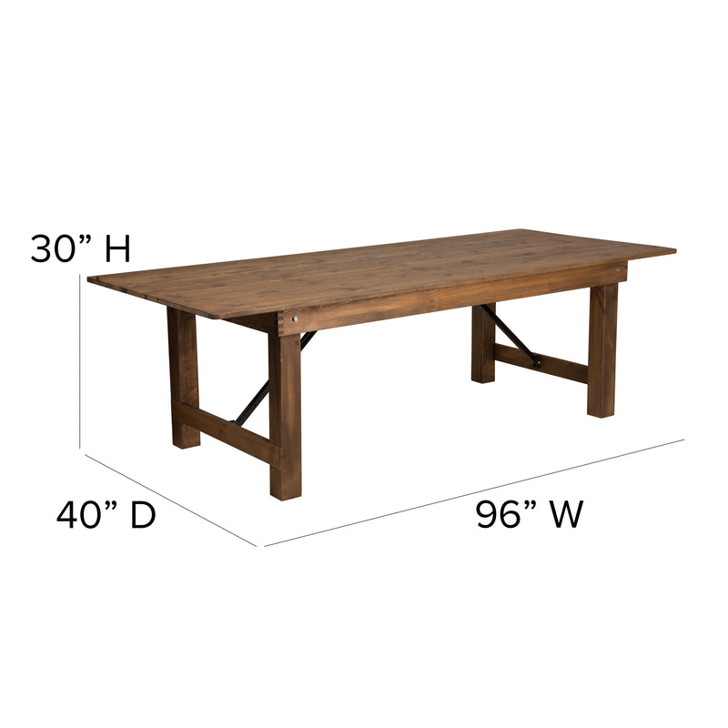 HERCULES Series 8' x 40'' Antique Rustic Folding Farm Table Set with 8 Cross Back Chairs and Cushions