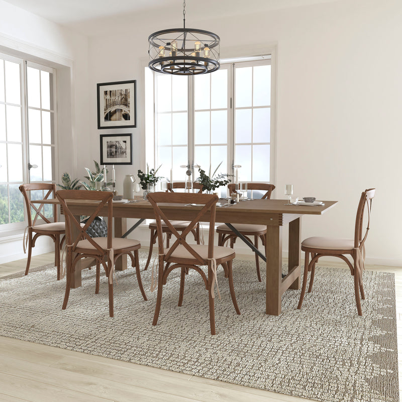 HERCULES Series 8' x 40'' Antique Rustic Folding Farm Table Set with 8 Cross Back Chairs and Cushions