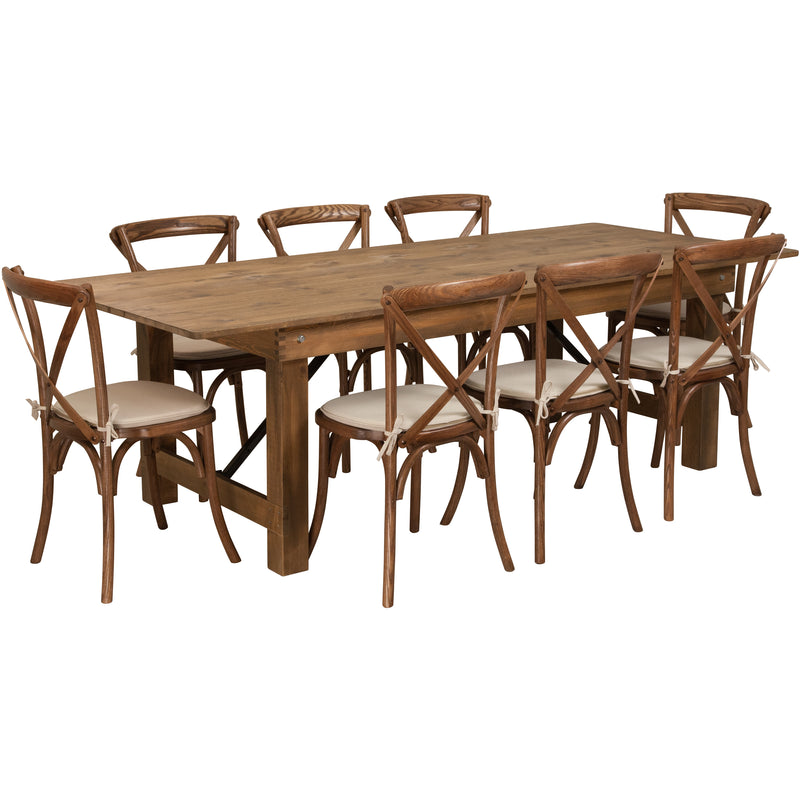 HERCULES Series 8' x 40'' Antique Rustic Folding Farm Table Set with 10 Cross Back Chairs and Cushions