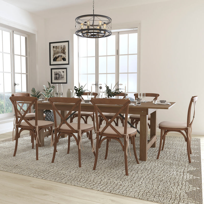 HERCULES Series 8' x 40'' Antique Rustic Folding Farm Table Set with 10 Cross Back Chairs and Cushions