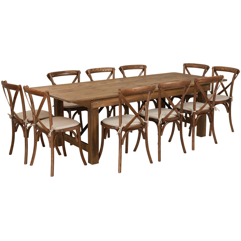 HERCULES Series 9' x 40'' Antique Rustic Folding Farm Table Set with 8 Cross Back Chairs and Cushions