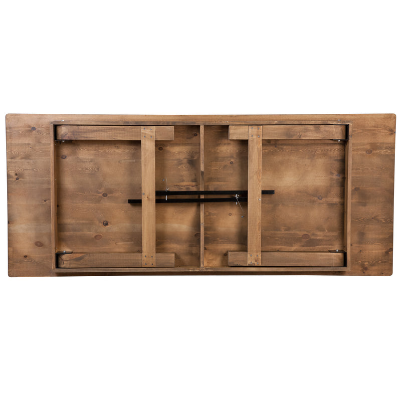 HERCULES Series 9' x 40'' Antique Rustic Folding Farm Table Set with 8 Cross Back Chairs and Cushions