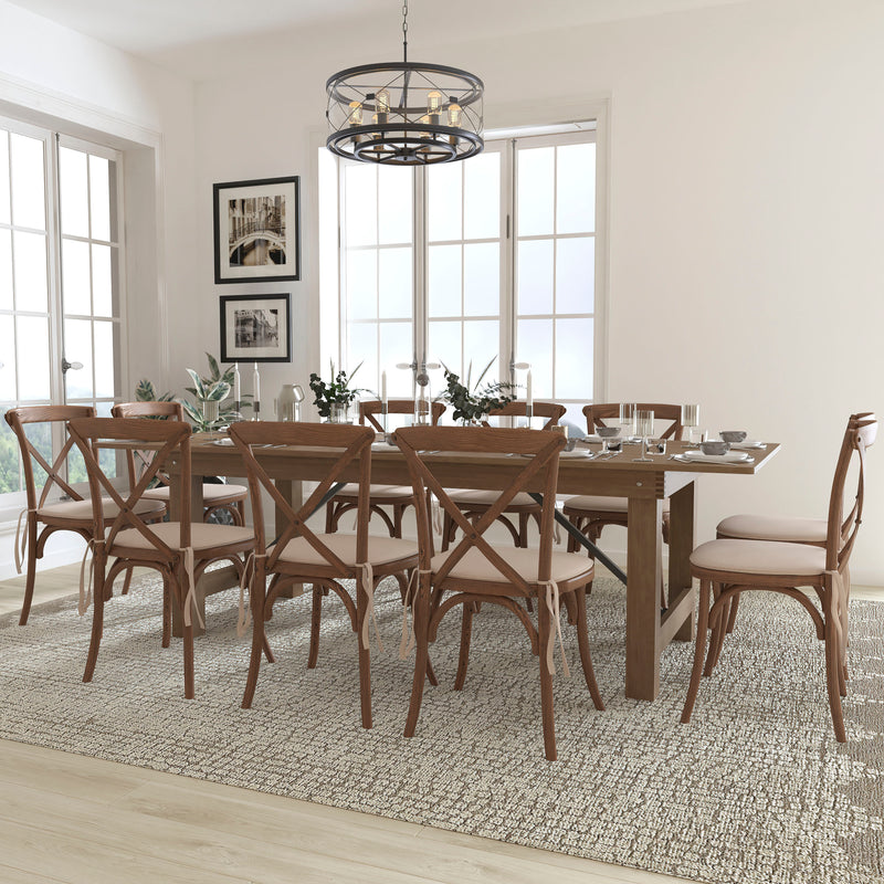 HERCULES Series 9' x 40'' Antique Rustic Folding Farm Table Set with 8 Cross Back Chairs and Cushions