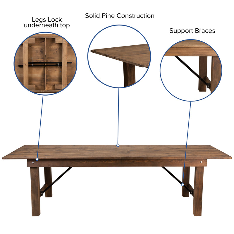 HERCULES Series 9' x 40'' Antique Rustic Folding Farm Table Set with 8 Cross Back Chairs and Cushions