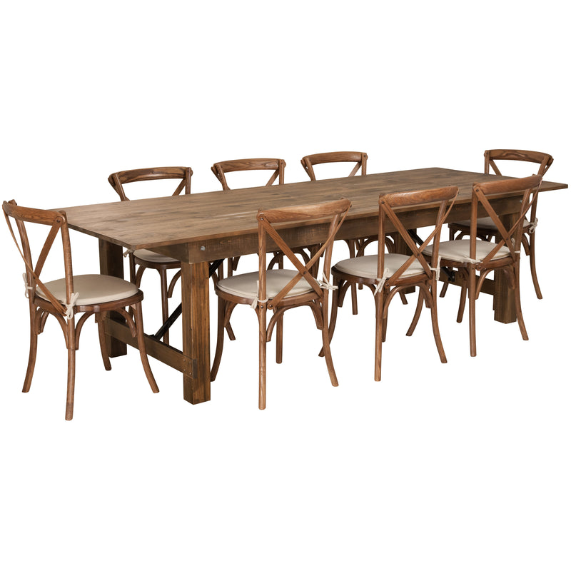 HERCULES Series 9' x 40'' Antique Rustic Folding Farm Table Set with 8 Cross Back Chairs and Cushions